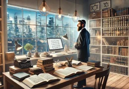 DALL·E 2024-06-28 13.43.20 - A Jewish scholar standing in a modern study room filled with books and papers, deeply engaged in writing an article. The room is well-lit with a large