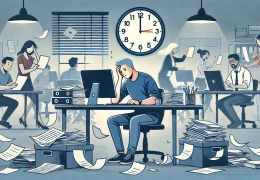 DALL·E 2024-06-28 13.57.52 - A wide illustration showing a person sitting at a cluttered desk with a computer, surrounded by papers and a clock showing a late hour. The person loo