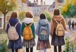 Firefly teenagers group with hood and school bag and skirts walking in the city 81044